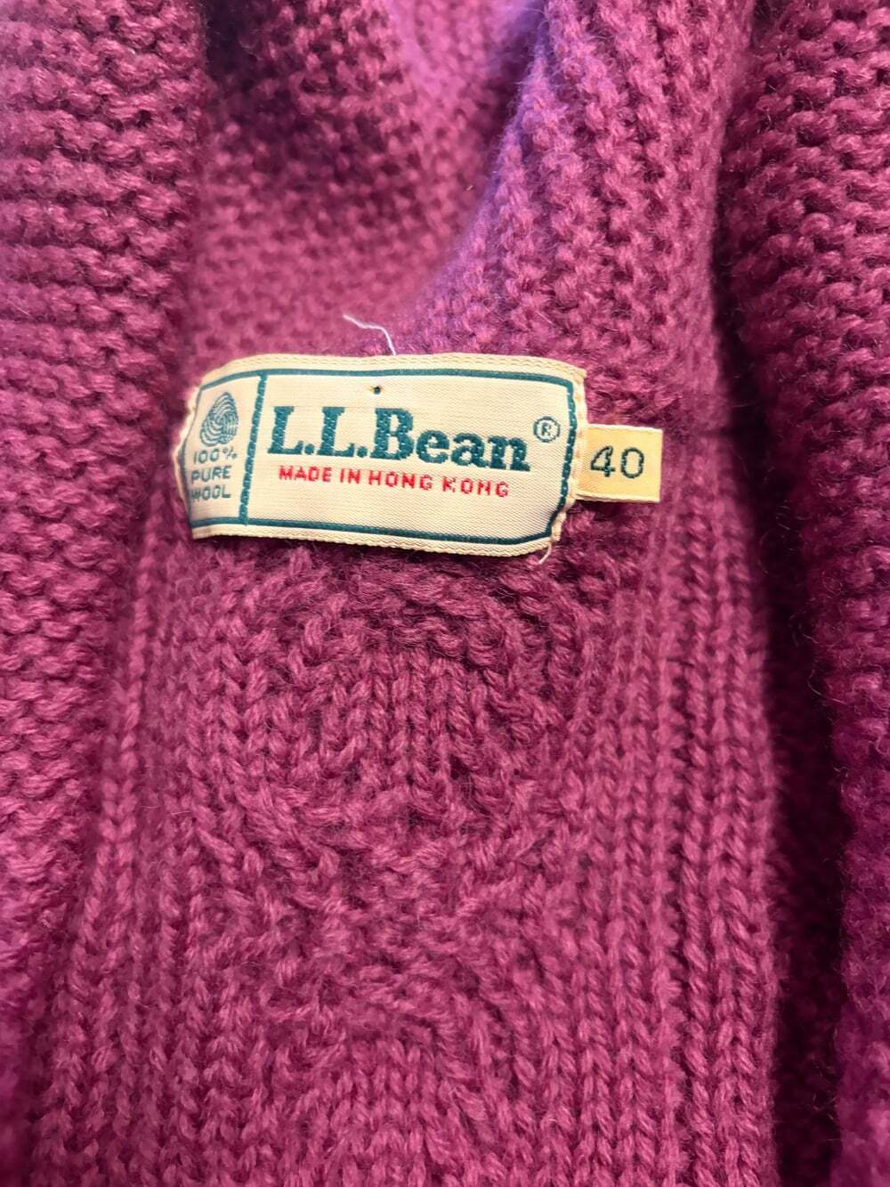 Vintage L.L.Bean 100% Wool Cable Knit Cardigan Sweater Women’s 40 Purple Hong Ko - Picture 3 of 4
